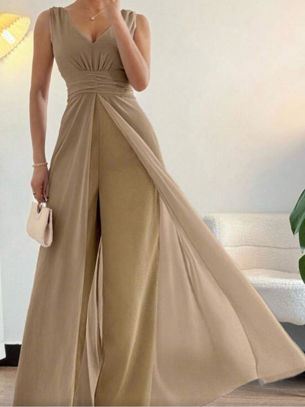 Elegant Sleeveless Wide-Leg Jumpsuit in Taupe